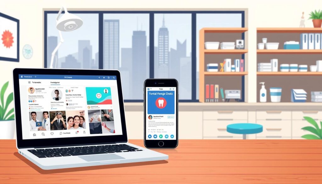 Strategies for social media marketing for dental clinics. A modern, stylish illustration depicting a dentist's office with various digital devices and social media elements. In the foreground, a dentist's laptop showing Instagram and Facebook feeds. In the middle ground, a smartphone with a social media app open. In the background, shelves with dental supplies and equipment, along with a large window overlooking a city skyline. The overall mood is professional, technological, and visually appealing, reflecting the advanced social media strategies for dental practices.