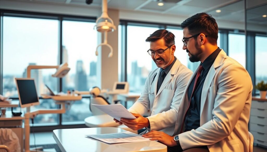 Strategies to Increase Dental Revenue: A vibrant, professional office scene with a foreground featuring a dentist discussing financial reports and growth strategies with a patient, against a middle ground of dental equipment and a clean, modern office interior. The background showcases a cityscape through large windows, conveying a sense of urban business success. The lighting is warm and focused, creating a refined, authoritative atmosphere. The image should inspire confidence in the dental practice's ability to optimize revenue through strategic planning and patient-centric care.