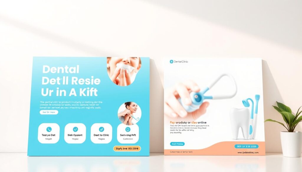 Vibrant online dental clinic advertisements featuring crisp typography, eye-catching visuals, and a clean, professional aesthetic. Set against a soft, minimalist background with gentle lighting that illuminates the key product or service offerings. The layout should be well-balanced, drawing the viewer's attention to the clinic's unique value proposition. Incorporate subtle visual cues that convey trustworthiness, reliability, and high-quality care. Employ a color palette that is both visually appealing and evocative of the dental industry. The overall composition should feel modern, inviting, and optimized for digital marketing channels.