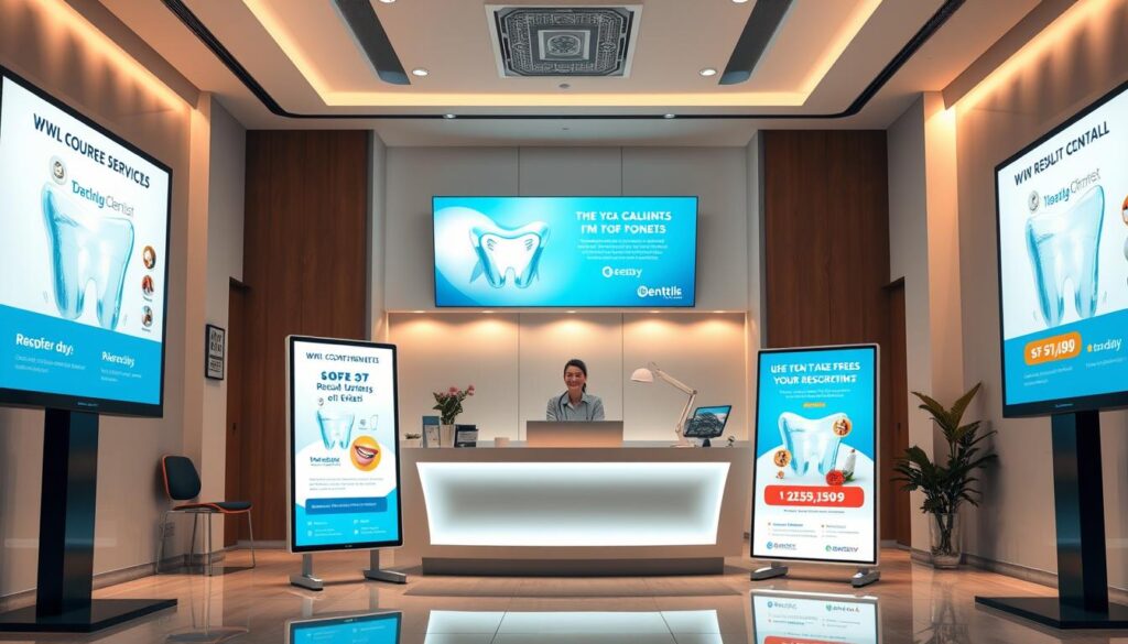Vivid dental advertisements displayed in a modern, professional setting. In the foreground, a series of digital displays showcase various dental services and offers, each with a clean, inviting design. The middle ground features a reception desk with a friendly receptionist, conveying a welcoming atmosphere. In the background, the clinic's interior is bathed in warm, natural lighting, with sleek, minimalist decor that exudes a sense of excellence and trust. The overall composition reflects the high-quality, result-driven nature of the dental practice, enticing potential patients to inquire about the services.