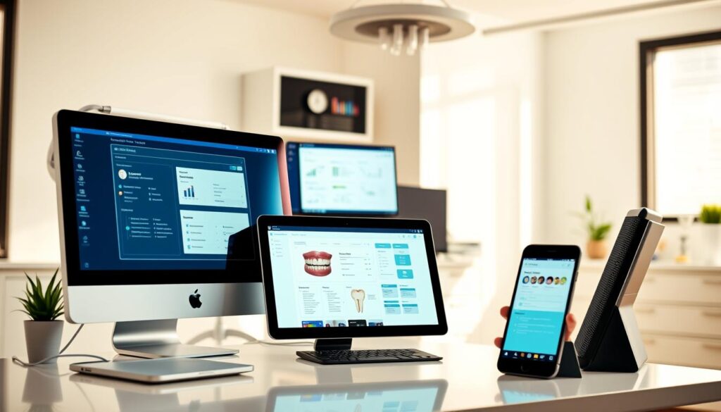 Vivid implementation of free business management tools in a modern, well-organized dental clinic. Sleek desktops, tablets, and smartphone displays showcasing user-friendly software interfaces against a backdrop of a clean, well-lit office space. Warm, natural lighting illuminates the professionals efficiently using the technology to streamline operations and enhance patient experience. A sense of simplicity, productivity, and cost-effective solutions permeates the scene, reflecting the article's focus on free, accessible management tools to improve dental practice workflows.