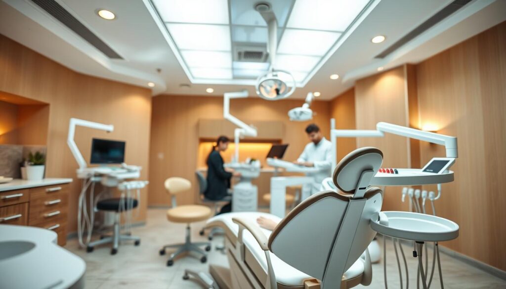 Warm, inviting dental office interior with soft lighting and a calm, relaxing atmosphere. A patient sitting comfortably in the examination chair, surrounded by state-of-the-art equipment and attentive dental staff. The focus is on the patient's experience, conveying a sense of care, professionalism, and attention to detail. The scene highlights how an optimized clinic management can elevate the patient's overall experience, from the moment they enter the office to the conclusion of their treatment.
