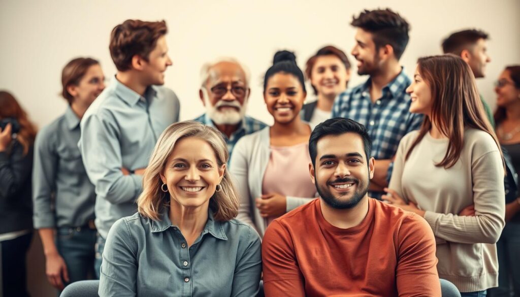 Warm-toned portrait of a diverse group of people representing a dental office's target audience. In the foreground, a middle-aged woman and a young man, both smiling, sit side by side. In the middle ground, an elderly man and a mother with a young child stand together. In the background, a group of teenagers and young adults converse animatedly. Soft, natural lighting illuminates the scene, creating a welcoming and approachable atmosphere. The composition emphasizes the diversity and inclusivity of the dental practice's clientele.