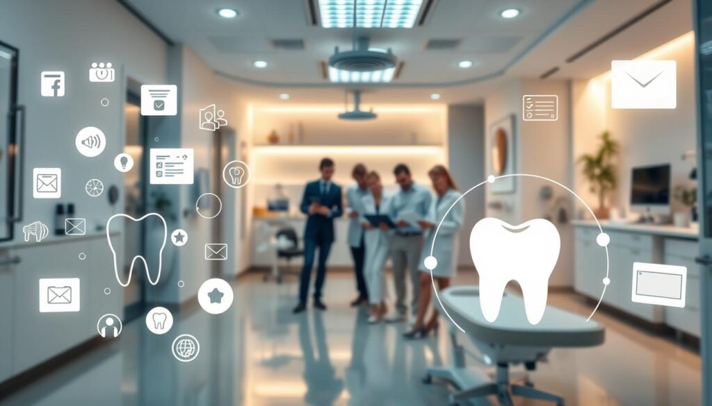 a professional, high-quality digital marketing campaign for a modern dental clinic. in the foreground, a stylized dental logo or icon, surrounded by a mix of digital marketing elements such as social media icons, website mockups, and targeted advertising. in the middle ground, a team of dental professionals collaborating on a digital strategy, using laptops and tablets. in the background, a clean, minimalist clinic interior with modern medical equipment and decor, bathed in warm, inviting lighting. the overall atmosphere is one of efficiency, innovation, and patient-centric care, reflecting the clinic's commitment to digital marketing to attract and retain patients.