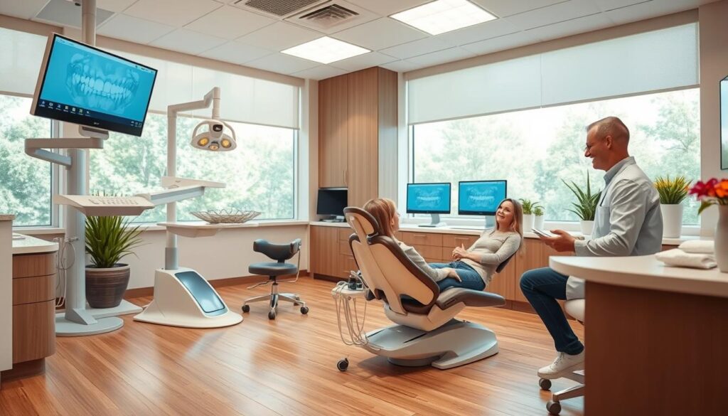 a spacious and modern dental clinic interior, with a warm, calming atmosphere. The foreground shows a patient sitting comfortably in a reclining dental chair, being attended to by a friendly, attentive dentist. The middle ground features sleek dental equipment, including a state-of-the-art x-ray machine and a display screen showcasing the patient's dental records. The background depicts a soothing, nature-inspired decor, with large windows allowing natural light to flood the space. The overall scene conveys a sense of professionalism, care, and a focus on the patient's well-being, reflecting the impact of effective clinic management on the patient experience.