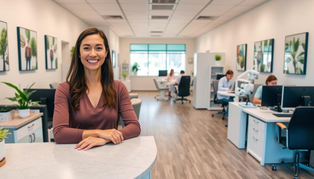 a well-organized and efficient dental office, with a clean and modern aesthetic. The foreground shows a reception desk with a warm, friendly receptionist greeting patients. Behind the desk, an open waiting area features comfortable seating and calming nature-inspired decor. In the middle ground, exam rooms are visible, each equipped with state-of-the-art dental equipment and ample natural lighting. The background showcases a neatly arranged administrative office, where staff members work diligently on computers, ensuring the smooth running of the practice. The overall scene exudes a sense of professionalism, productivity, and patient-centric care, reflecting the ideal organization and time management of a successful dental clinic.
