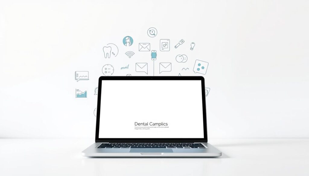 e-mail marketing for dental clinics, modern minimal design with a clean white background, foreground featuring a laptop or tablet device displaying an email campaign template, middle ground with various digital marketing icons and symbols like graphs, charts, and social media logos, background with soft geometric patterns and gradients in soothing pastel colors, balanced lighting with soft shadows, high-quality photorealistic rendering, professional and elegant aesthetic suitable for a dental clinic marketing guide